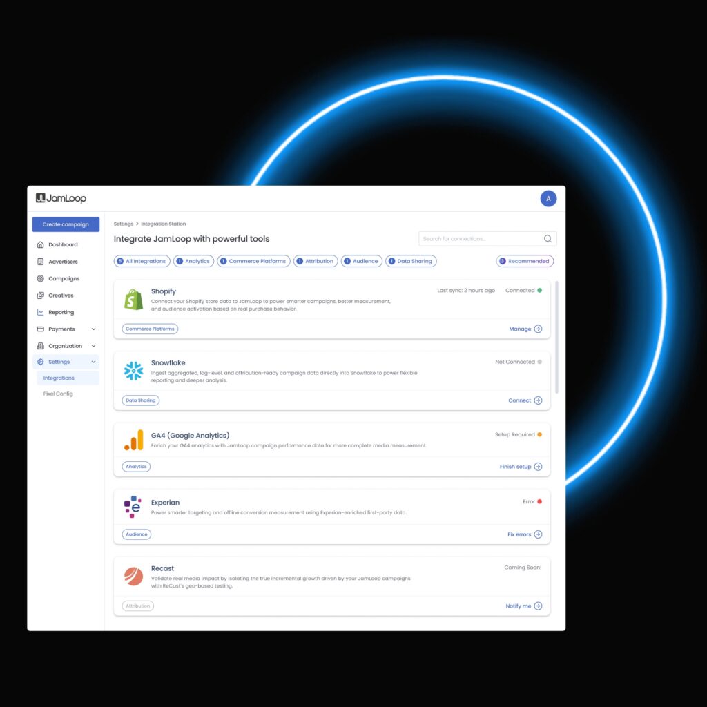 JamLoop Integration Station interface showing a centralized hub to manage integrations like Shopify, Snowflake, Google Analytics, and Experian, with connection status and controls.