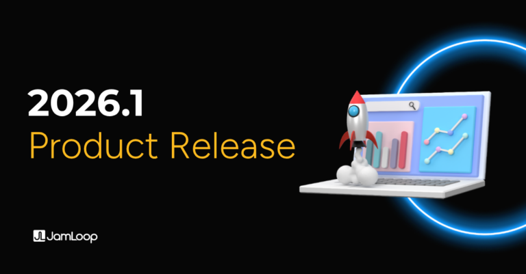 Banner image for JamLoop’s 2026.1 product release, featuring the text “2026.1 Product Release” on a dark background, with the JamLoop logo and a 3D illustration of a laptop displaying charts and graphs as a small rocket launches from the screen, surrounded by a glowing blue ring.