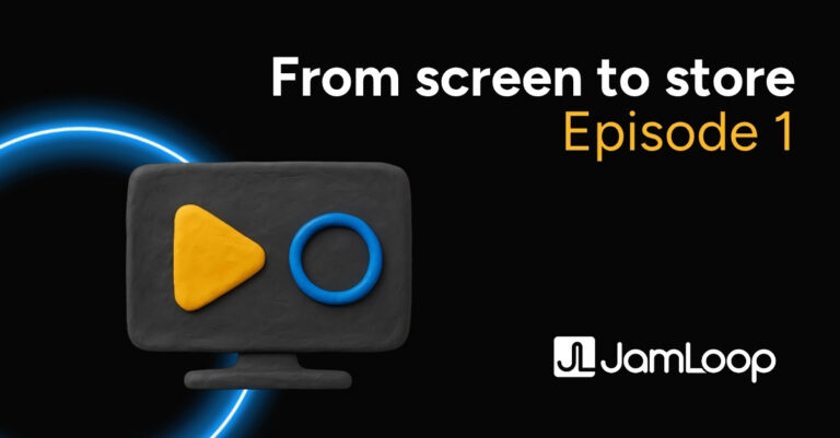Graphic with the text “From screen to store, Episode 1” alongside the JamLoop logo. The image features a stylized computer monitor with a yellow play button and blue circle on the screen, set against a dark background with a glowing blue ring.